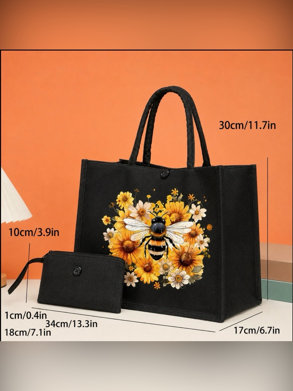 Honey Bee Pattern Tote Bag 2 Piece Set Lightweight Shopping Tote & Wristlet New - Picture 2 of 3